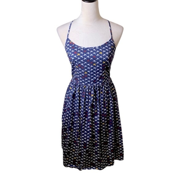 Liza Luxe Navy A-line Tank Mini Dress Small | Bird Print Racerback | 100% Cotton - Picture 1 of 8